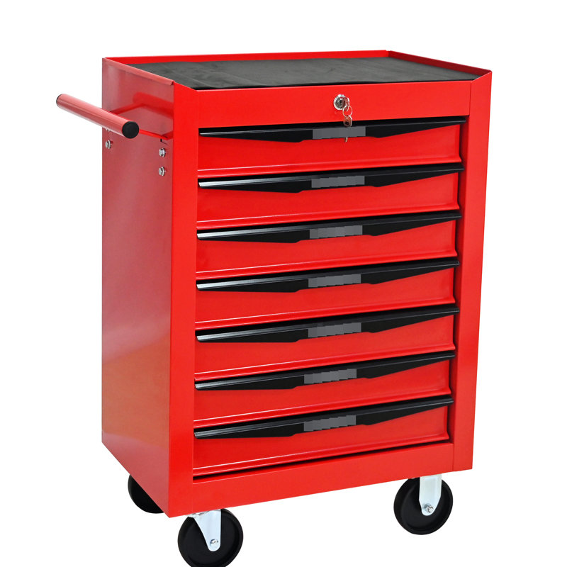 Chariot à outils à 7 tiroirs en acier laminé à froid rouge et noir, glissières à roulement, charge de 15 kg, 4 chariots pivotants avec dispositif de verrouillage en métal, capacité de chargement,