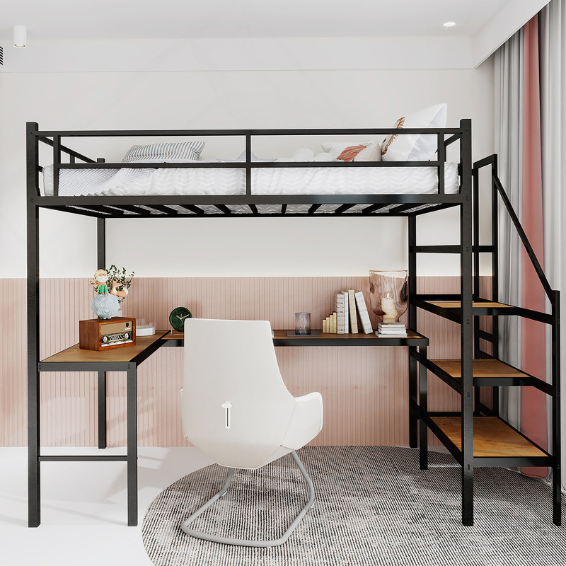 Loft Bed With L-Shaped Desk, Large Storage Space And Storage Compartments, Sturdy Bed Frame With Stairs, Continuous Belt Railing, Space-Saving, Noiseless, No Elephant Springs Required