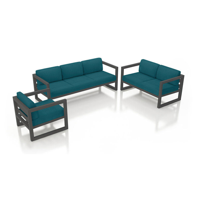 Avion 3 Piece Sofa Loveseat Set, Spectrum Peacock Sunbrella® Plainweave, Slate