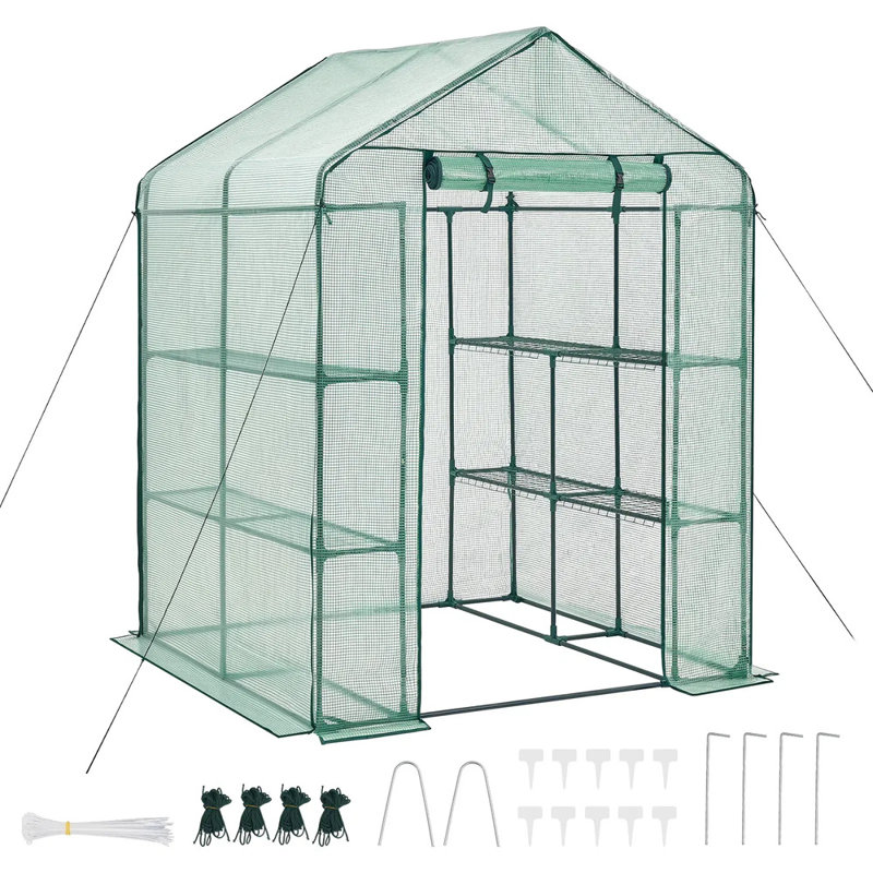 55.5" X 56.1" X 78.7", Walk-in Greenhouse For Outdoors With Pe Cover, 2 Tiers & 8 Shelves, Roll-up Zipper Door, Portable Plant Garden Hot House For Backyard & Outside