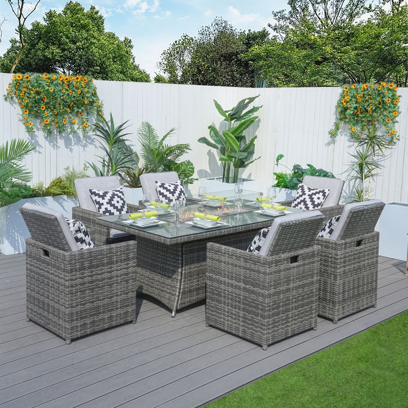 Aerolyn 6 - Person Wicker Patio Dining Set with Rectangular Table , Cushions Included, White, Gray