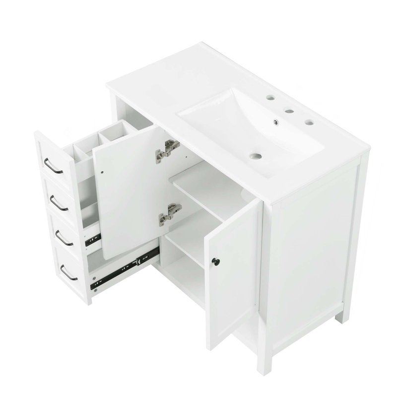 Meuble-lavabo 36 po avec comptoir d'évier, meuble-lavabo avec deux portes et deux tiroirs, Blanc