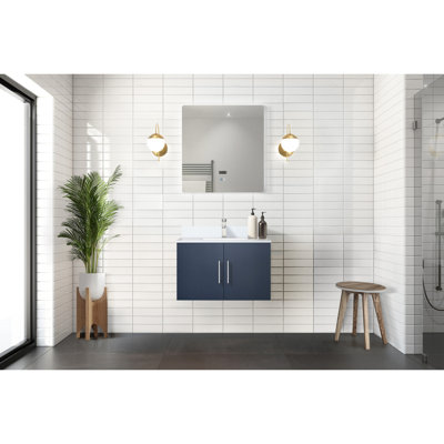 Meuble-lavabo 30 po x 22 po bleu marine pour salle de bain, avec comptoir en marbre, robinet et miroir lumineux à DEL - surface de travail en marbre