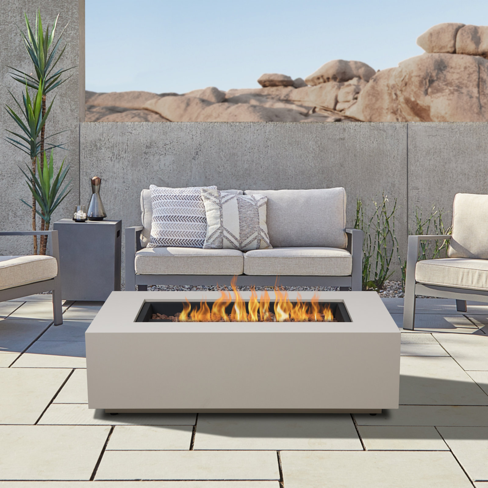 Aegean Fire Pit Table, 15" H x 50" W x 32" D, Light Sand