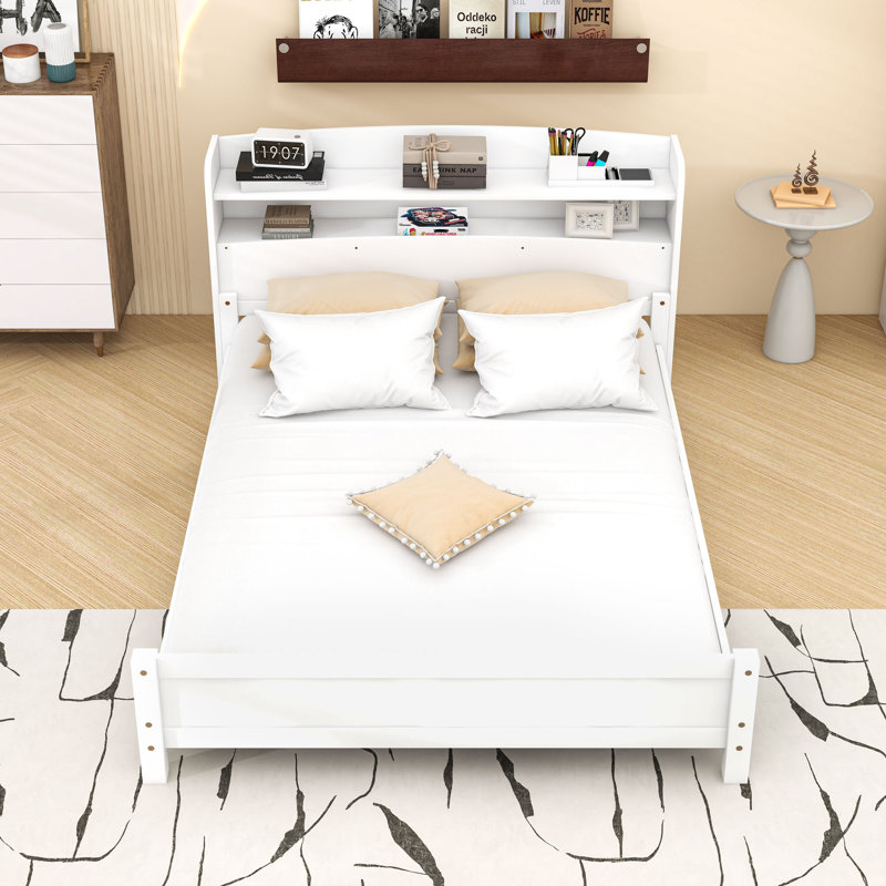 Lit plateforme en bois avec lumière DEL et tête de lit, Double, Blanc