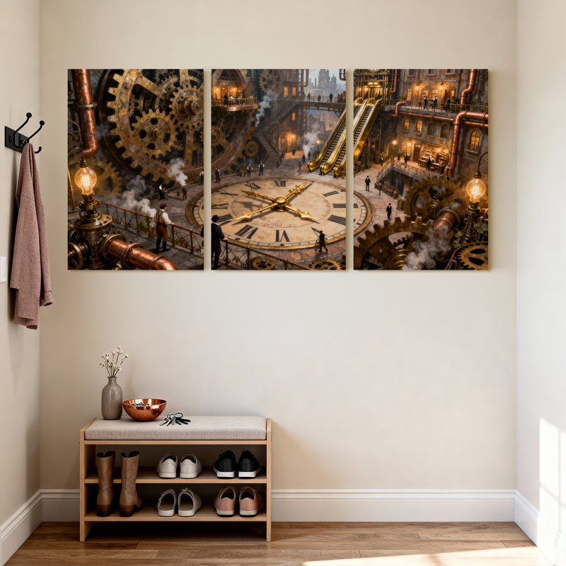 Fantaisie et science-fiction Steampunk, paysage urbain avec engrenages et vapeur, ensemble de 3 impressions sur toile