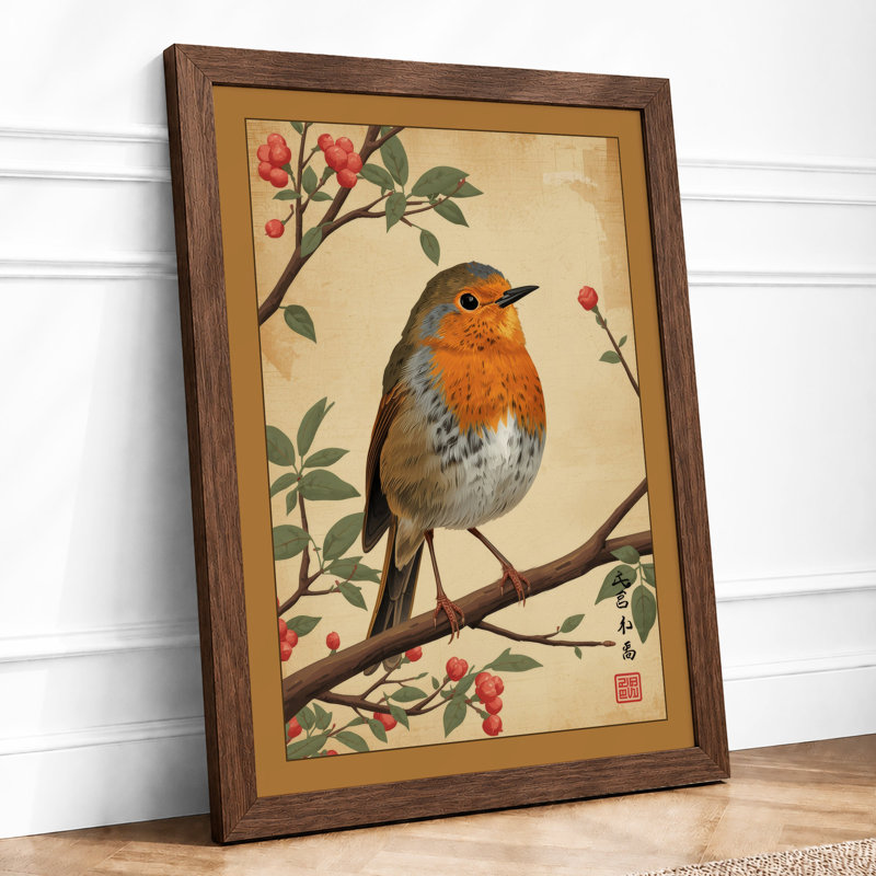 Robin Among Blossoms Japandi - Framed Print, A4 - 29.7 x 21.0 cm, Walnut