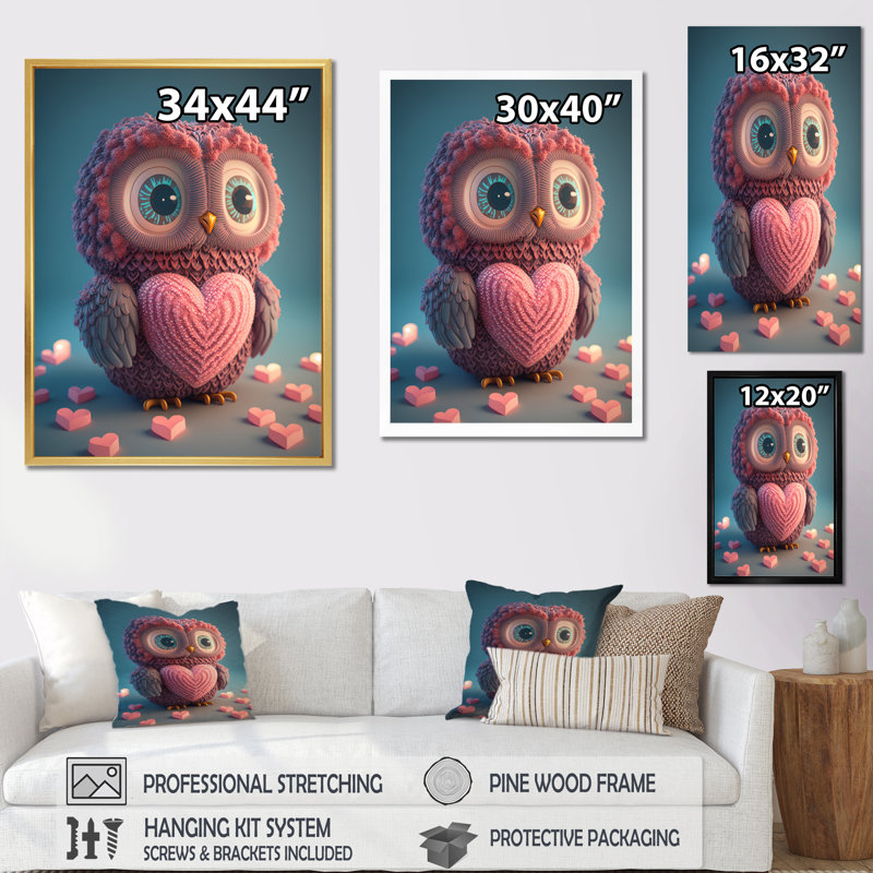 Adorable petite chouette cœur rose tricoté sur toile, H 44 po x l 34 po x P 1,5 po, Cadre flottant blanc