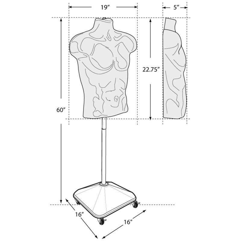 Buste mâle en plastique blanc sur base en plastique à roulettes