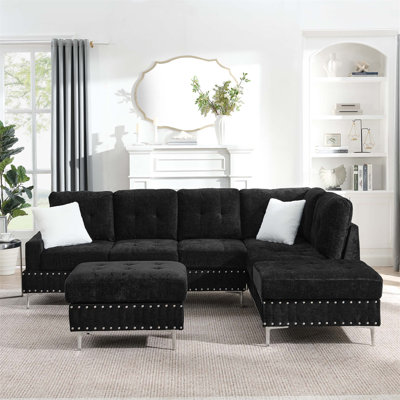 Canapé modulaire avec méridienne réversible, repose-pieds avec rangement, pieds en métal et clous décoratifs, idéal pour les réunions de famille et la vie confortable