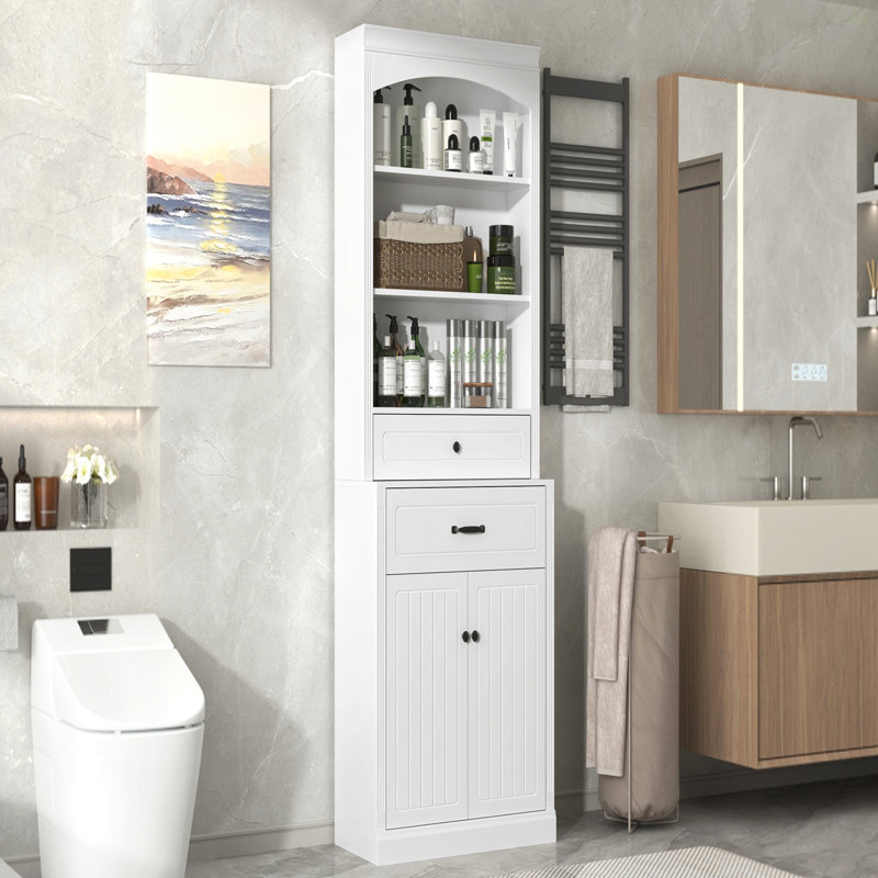 Armoire de rangement blanche avec deux portes, tiroirs, tablette réglable et trois tablettes ouvertes - fabrication en panneau de fibres à densité moyenne durable
