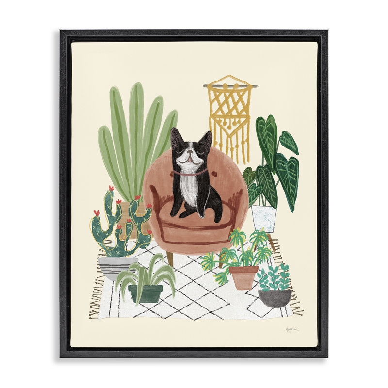 "Chien sur canapé avec plantes", art mural encadré par Mary Urban, Cadre flottant noir de jais, H 31 po x l 25 po