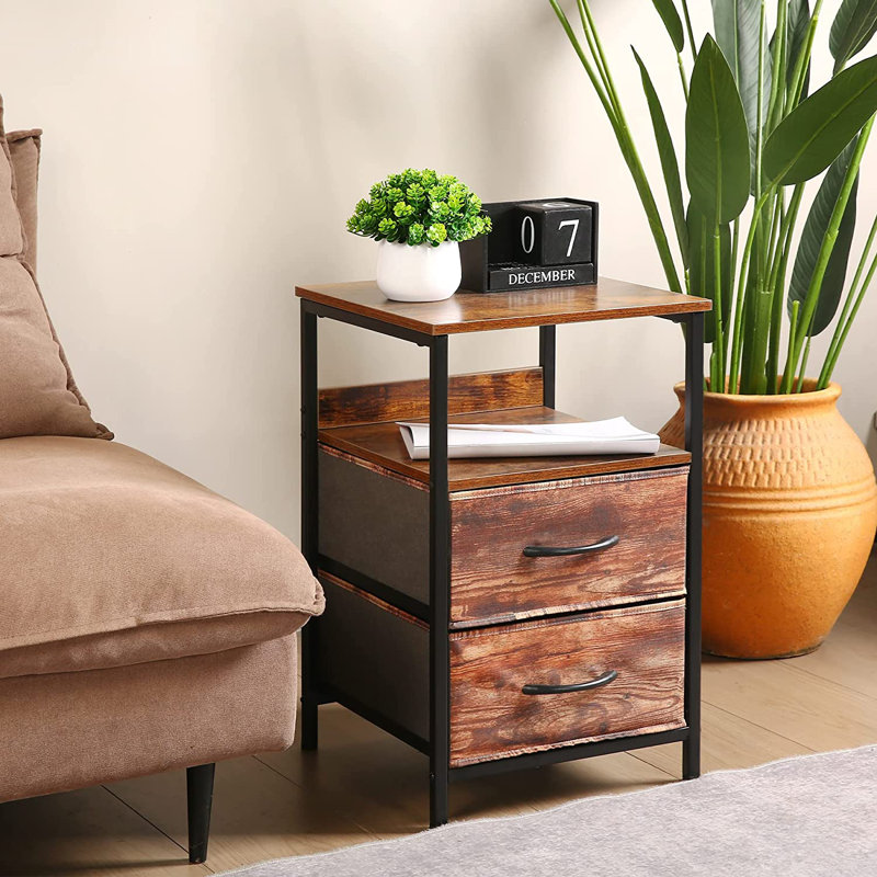 Table de chevet 2 tiroirs en acier inoxydable brun / noir