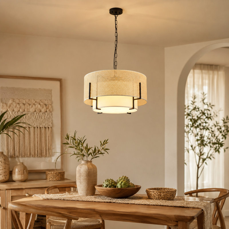 Suspension en rotin de 50 cm (19,7 po) avec abat-jour en tissu et 4 lumières.