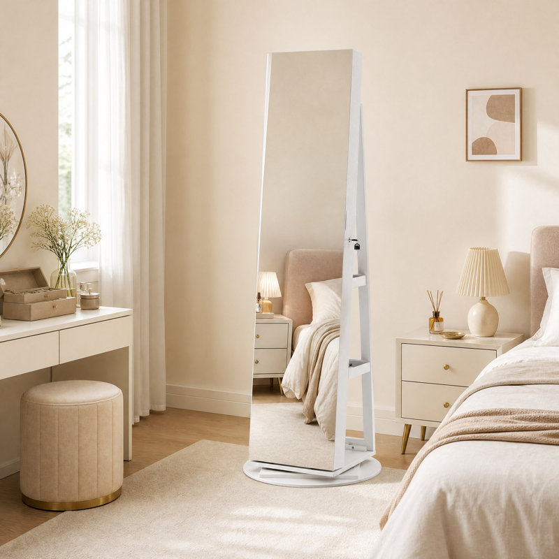 Bitha Freestanding Jewelry Armoire, White/Beige
