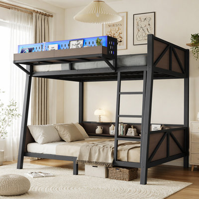 Twin Bunk Bed with Storage Shelves,Twin Size Metal Bunk Bed Frame with LED Light and USB Ports For Kids,Teens