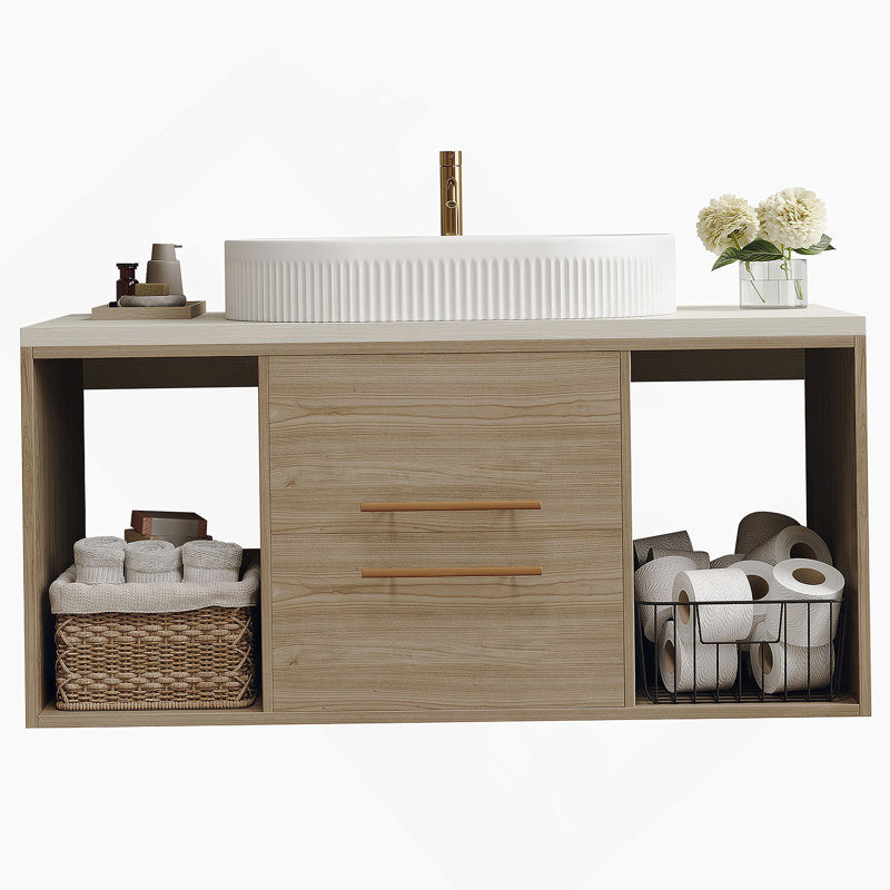 Meuble-lavabo mural avec lavabo ovale en céramique, armoire en bois massif multi-couches, tiroirs à fermeture en douceur et rangement ouvert pour des salles de bain modernes et peu encombrantes