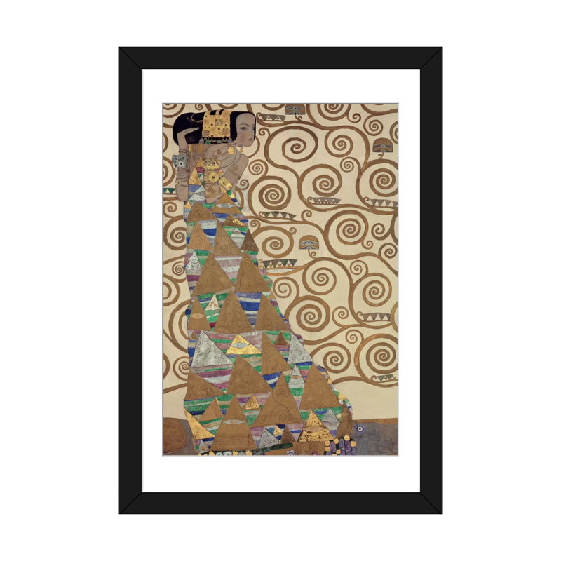 « expectation » par gustav klimt,, impression sur toile tendue, H 24 po x l 16 po x P 1 po, Papier d'art encadré noir, Blanc