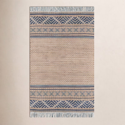 Alberta Beige Blue Hand-Woven Geometric Jute Rug
