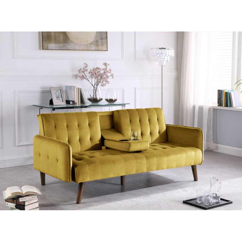 Koga 72'' Velvet Convertible Sofa, Strong Yellow (Green Yellow) Velvet