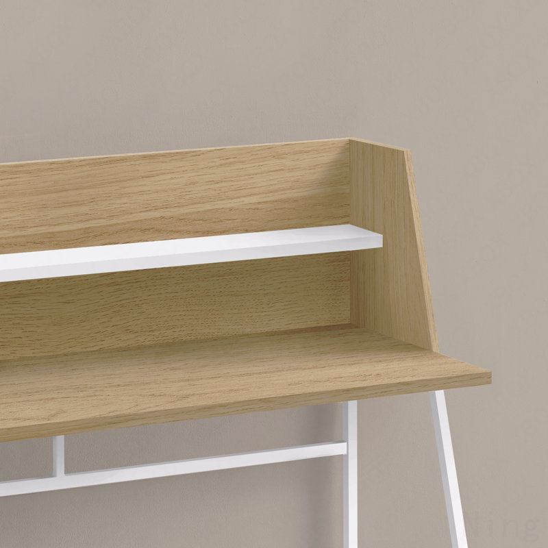 Bureau d'ordinateur, bureau personnel, ordinateur portable, tablettes de rangement, L 48 po, travail, stratifié naturel, métal blanc, contemporain, moderne