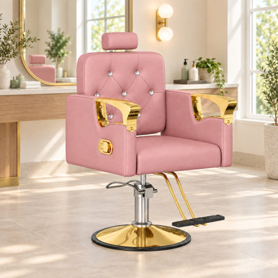 Reclining Salon Chair with Adjustable Height Barber Chair Hydraulic Salon Chair  -Pink/Gold