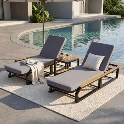 5-Piece Outdoor Chaise Lounge Set, 2 Adjustable Recliners with Cushions + Side Table, Teak Wood Accents, Iron Frame for Patio Poolside