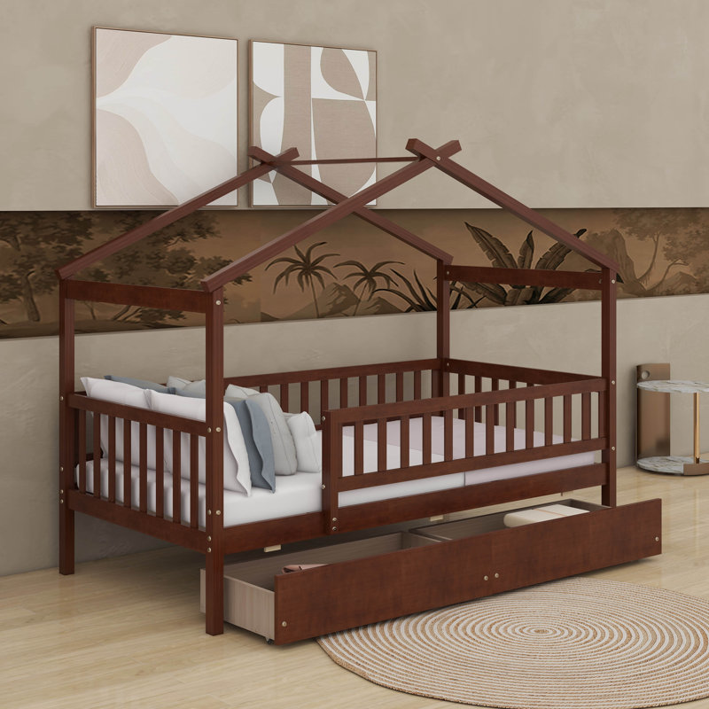 Twin Wooden House Bed With Drawers, Walnut