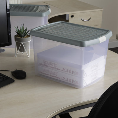 Wham Clip 21.5L Rectangular Plastic Storage Boxes with Secure Clip Lock Lids. L:39 x W:29 x H:25.5cm Clear/Stone/Slate Grey