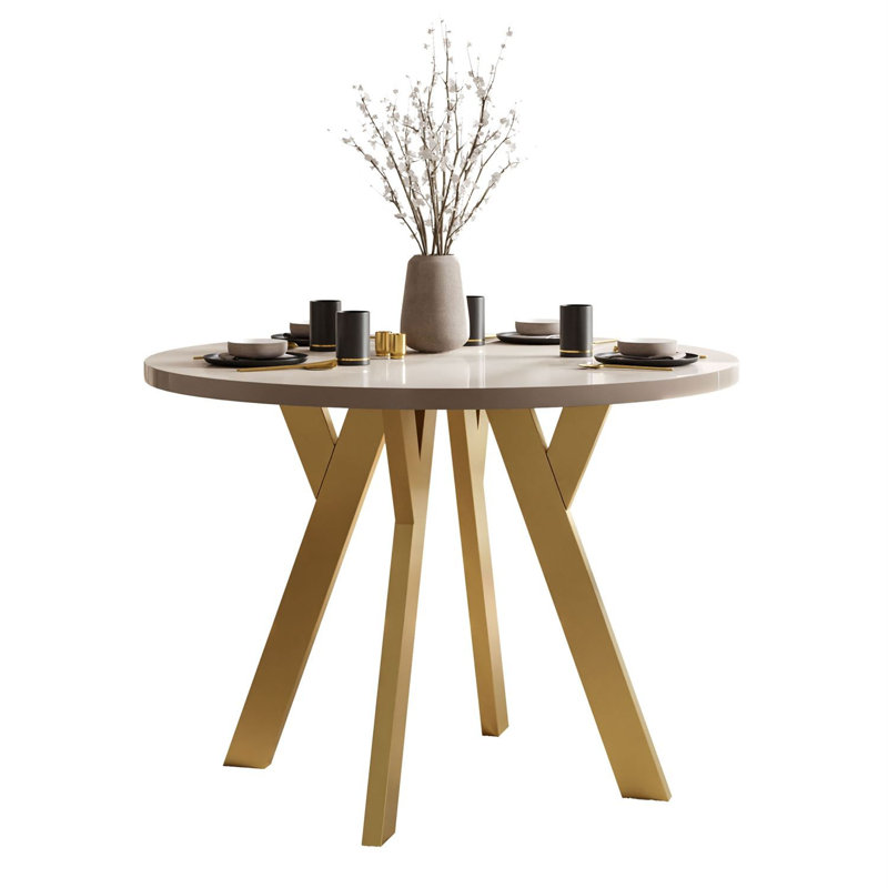 Extendable Round Metal Base Dining Table, Cashmere Gloss, Gold