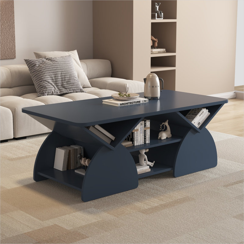 Table basse en bois d'ingénierie bleu classique avec tablettes ouvertes et coins arrondis pour le salon