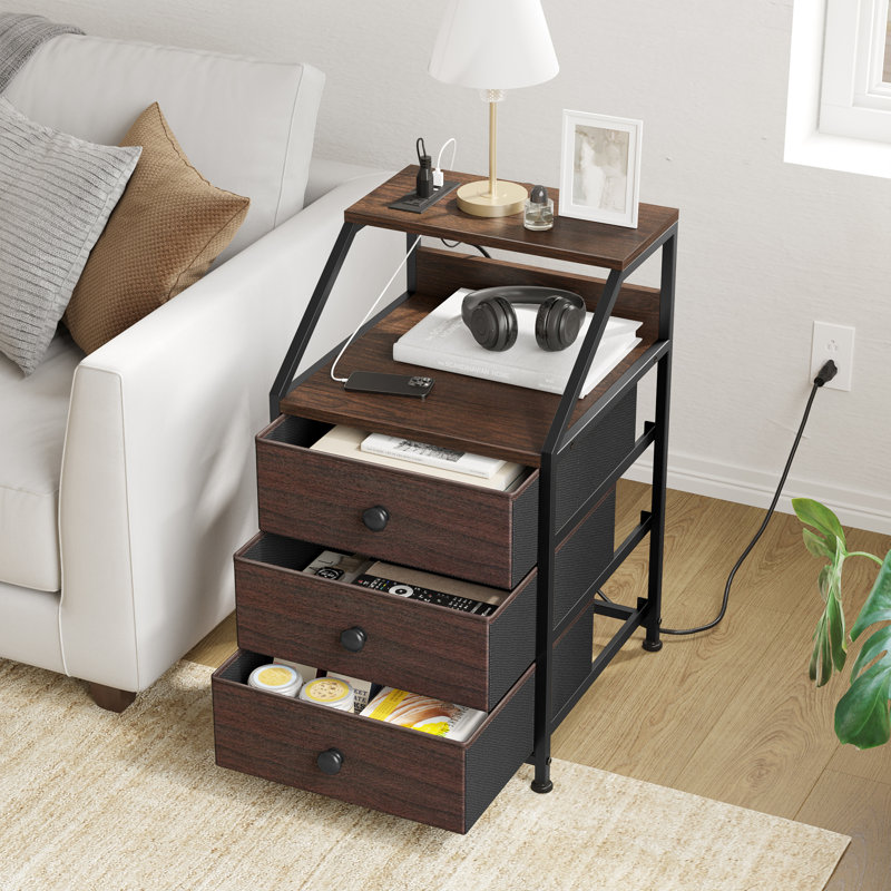 Travison Nightstands with 3 Drawers & Outlets, Bedside Tables with 2 USB Ports & 2-Tier Open Shelf, Brown