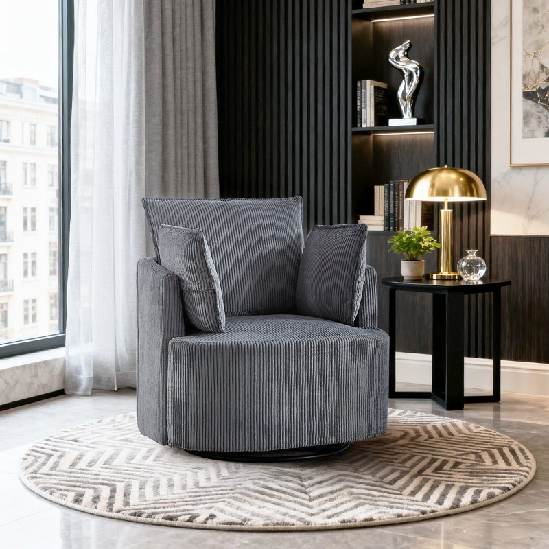 33.86'' Wide Contemporary Soft Upholstered Swivel Barrel Chair With Two Accent Pillows, Dark Gray