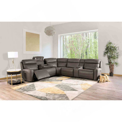 Power Reclining Sectional Couch Dark Gray Leatherette Sofa Corner Wedge Chairs Console Living Room Furniture Recliner L-Shaped Sectional