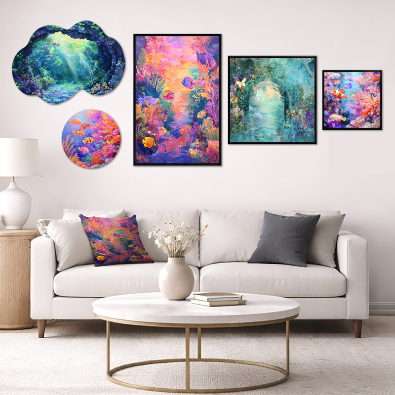 Coral Reef Fish Paradise - art mural surdimensionné côtier, métal et toile 5 pièces (100 po x 40 po), Metal + Black Frame