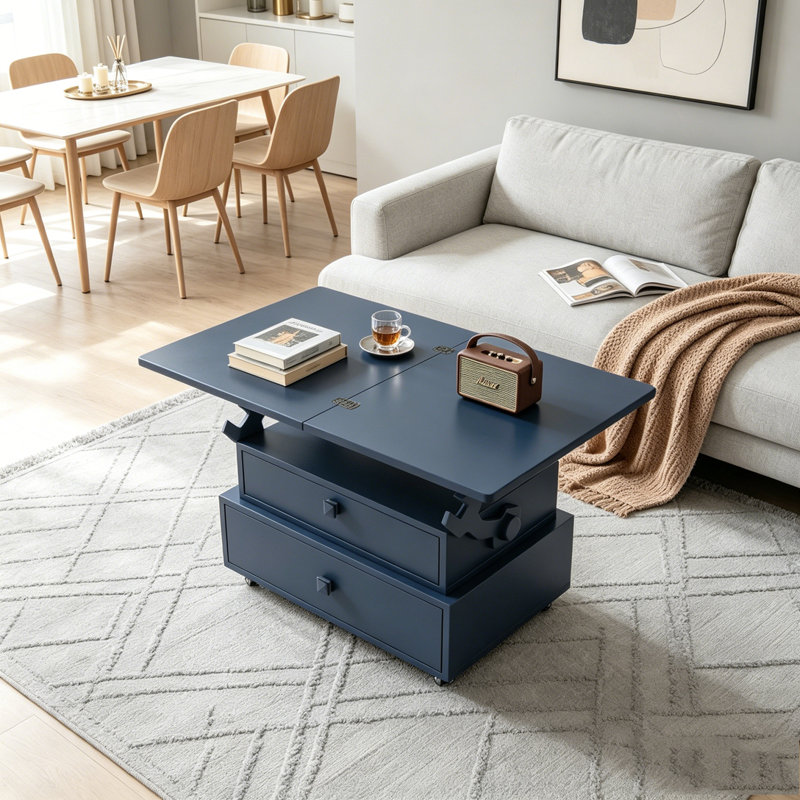 Table de bout roulante à hauteur ajustable ultrabrillante avec station de charge et plateau rabattable, Blue