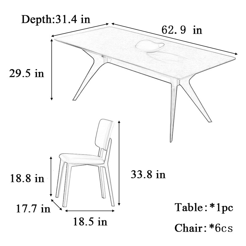 Modern simple table chair combination, H 29,5 po x L 62,9 po x l 31,4 po