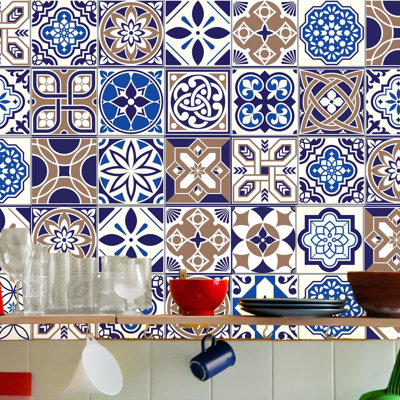 Royal Blue Vintage Mix Tile Sticker - 15 W x 15 L
