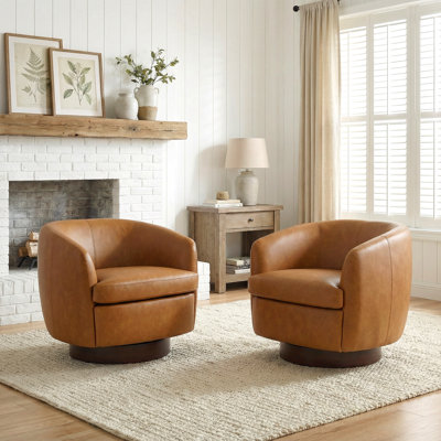 Fauteuil demi-tonneau pivotant rembourré en similicuir brun clair avec base en bois massif (ensemble de 2)