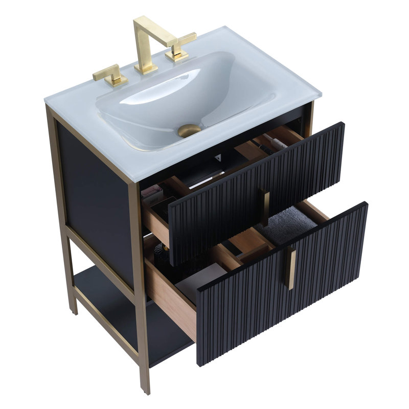 Mirutil Single Bathroom Vanity with Top, Black Matte, Satin Brass