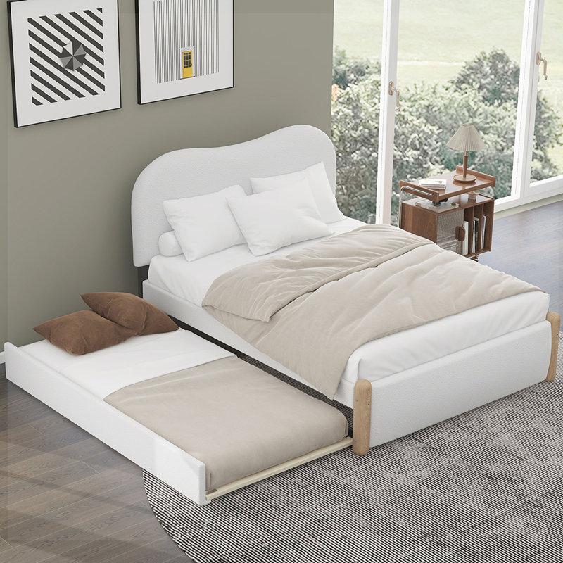 Upholstered Platform Bed with Wood Supporting Feet and Trundle Aevah, Full, White