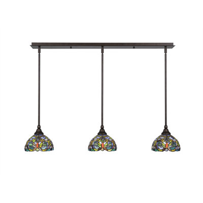 Luminaire suspendu linéaire sur pied 3 lumières avec verre d'art kaléidoscope de 7 po