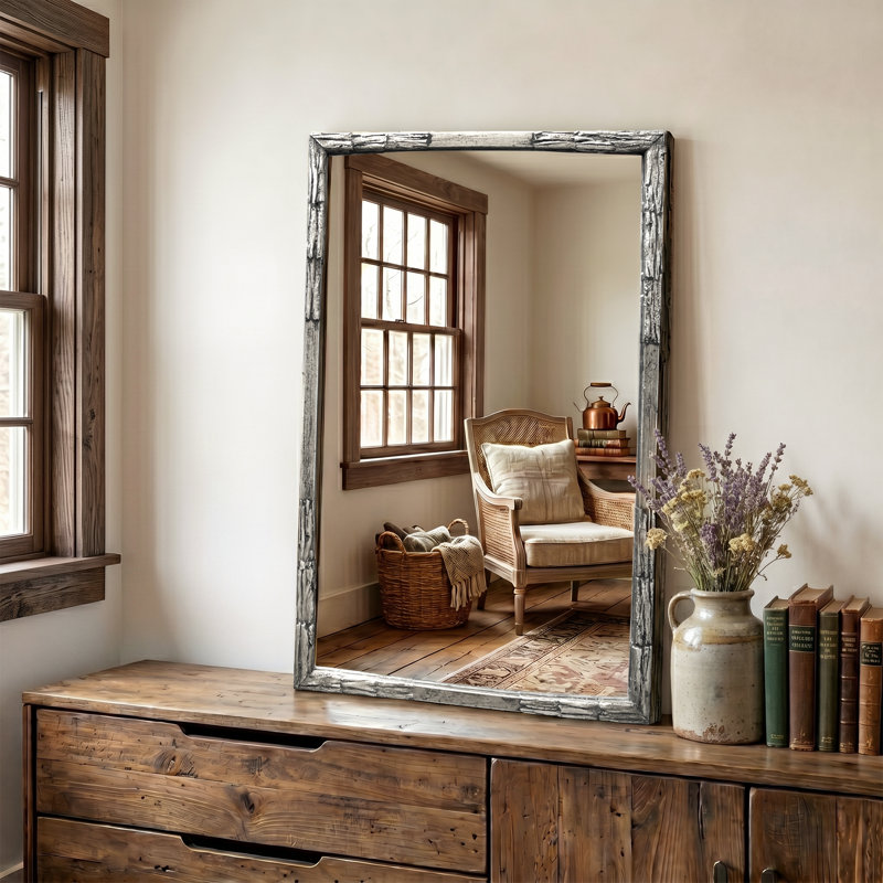 Miroir mural de salle de bain 36 po x 24 po, miroir mural encadré en métal texturé écorce argent antique