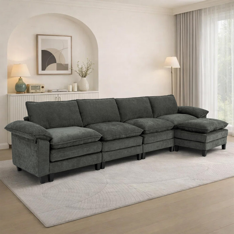 Canapé d'angle rembourré avec 1 repose-pieds, Tissu gris, H 37,4 po x l 146,5 po x P 61 po