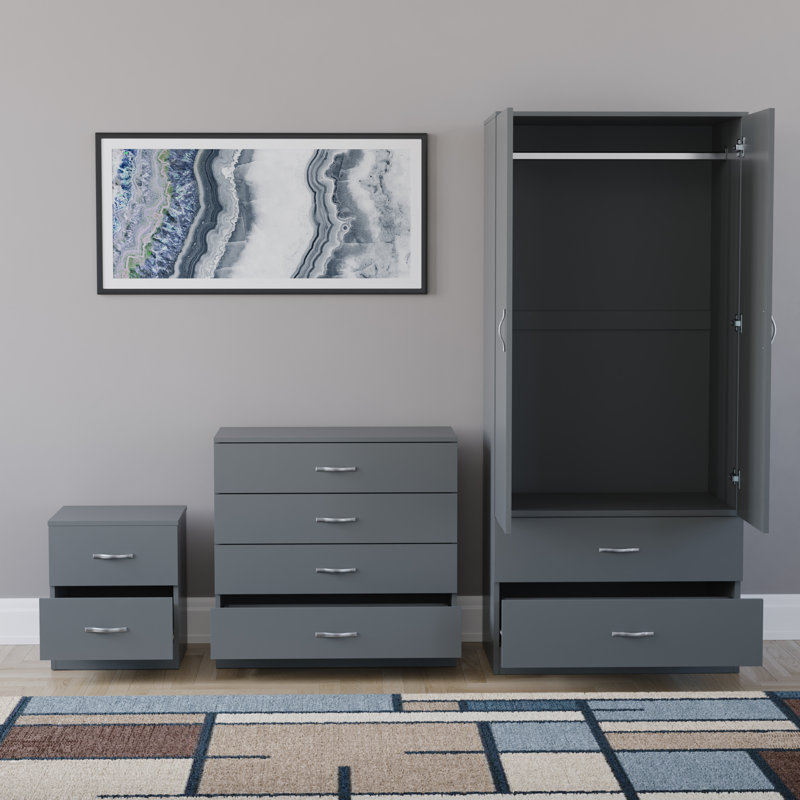 Maybery 3 Piece Bedroom Set (2 Drawer Bedside Chest, 4 Drawer Chest, 2 Door 2 Drawer Wardrobe), (4), Grey
