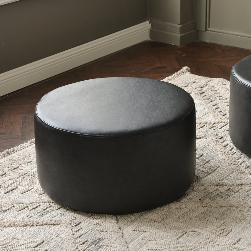24" Wide Faux Leather Round Upholstered Ottoman, Black