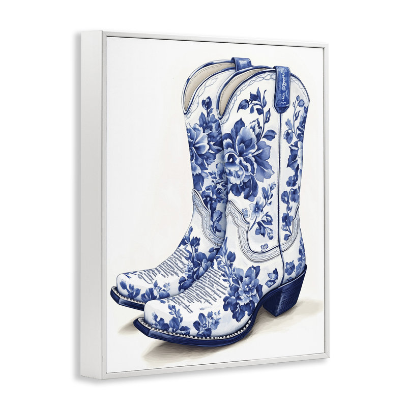 Bottes de cow-boy bleues chinoises giclées, design par Heidi Kuntz, H 14 po x l 11 po