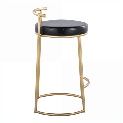Ensemble de 2 chaises de comptoir rondes à hauteur fixe de 26 po, tabourets contemporains en similicuir noir et métal doré pour adultes