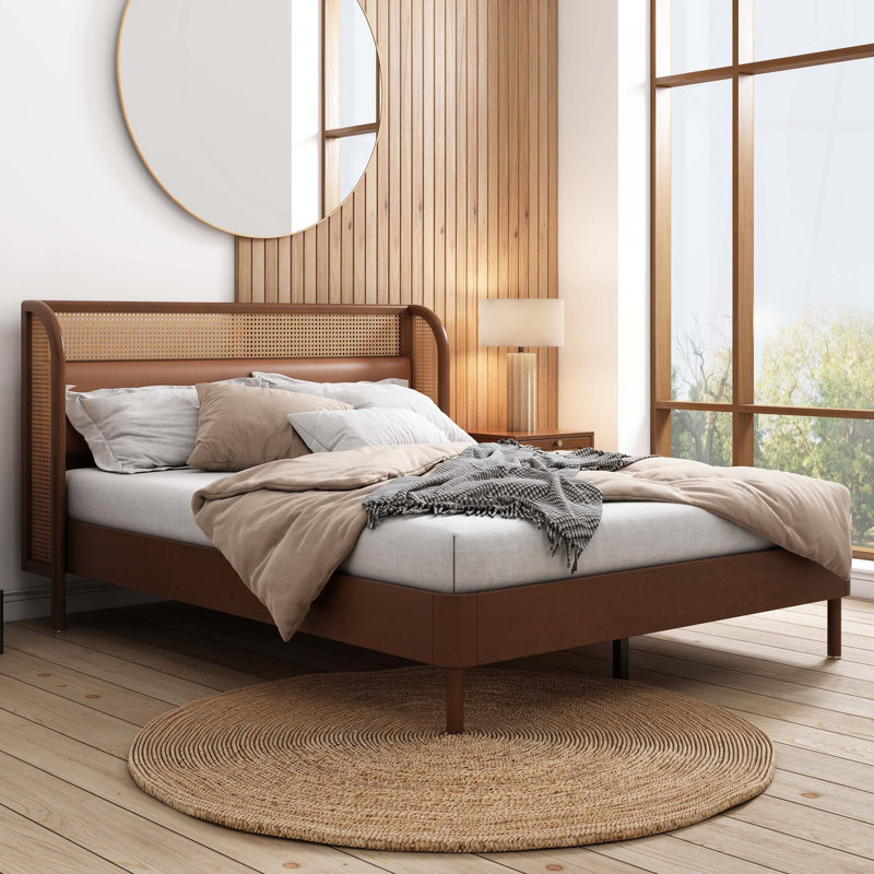 3 pièces de grand lit plateforme en rotin moderne cannage + table de chevet * 2, Noyer