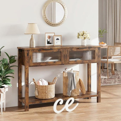47" Narrow Console Table with Glass Drawers, Behind Couch Table 11.8" Deep, Skinny Entryway Sofa Table, Farmhouse Slim Console with 2-Tier Storage She